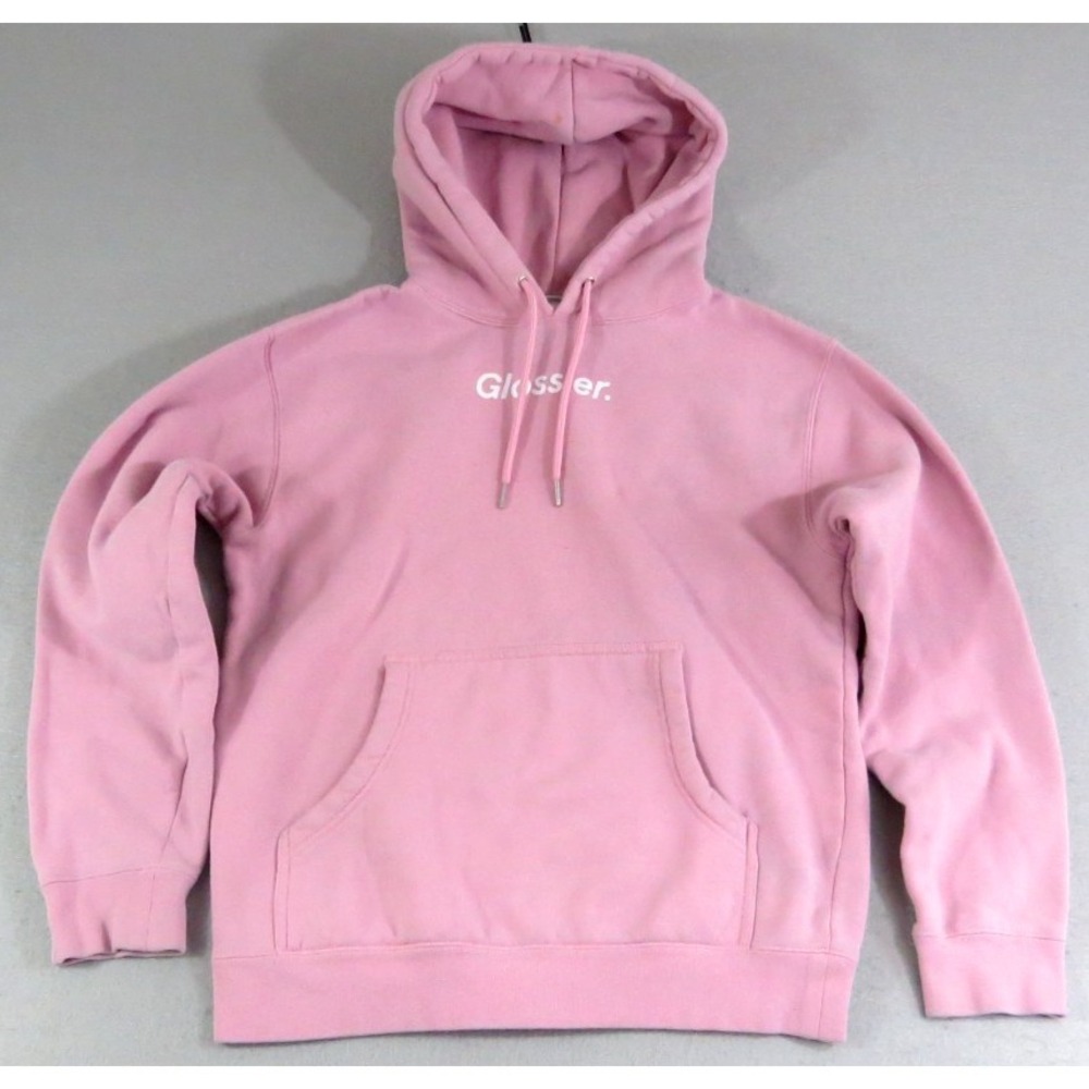 Glossier Pink Hoodie Womens XS Logo Sweatshirt Pullover Graphic Casual Top